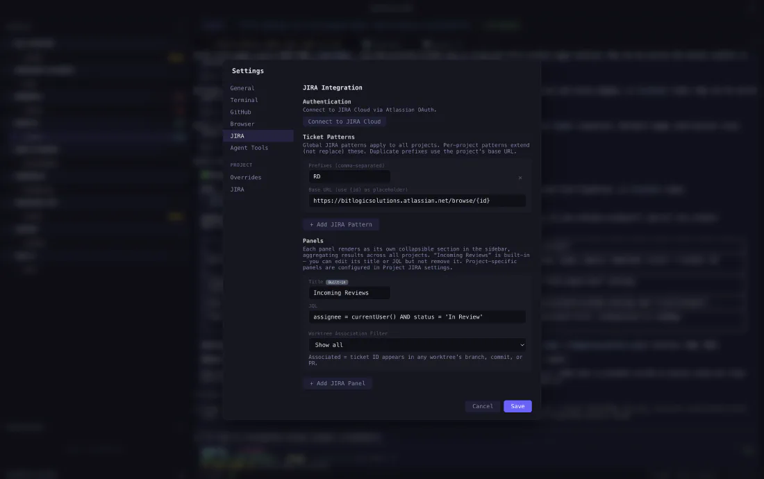 Worktree IDE settings showing JIRA integration: ticket URL patterns and configurable review panels driven by JQL queries.