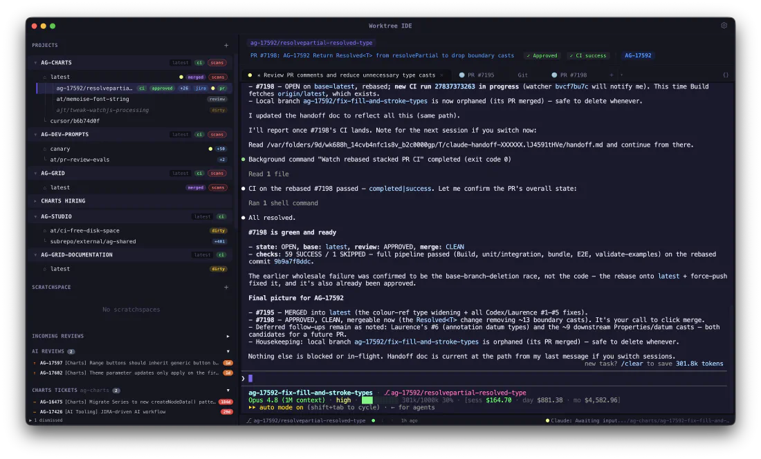 The Worktree IDE window: a sidebar listing git worktrees per project, an AI agent session running in the centre, and a per-worktree terminal showing git status below.